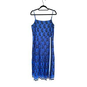 Banana Republic Maxi Dress Women's 14 Blue Paisley Pleated Side Slit A-Line Boho